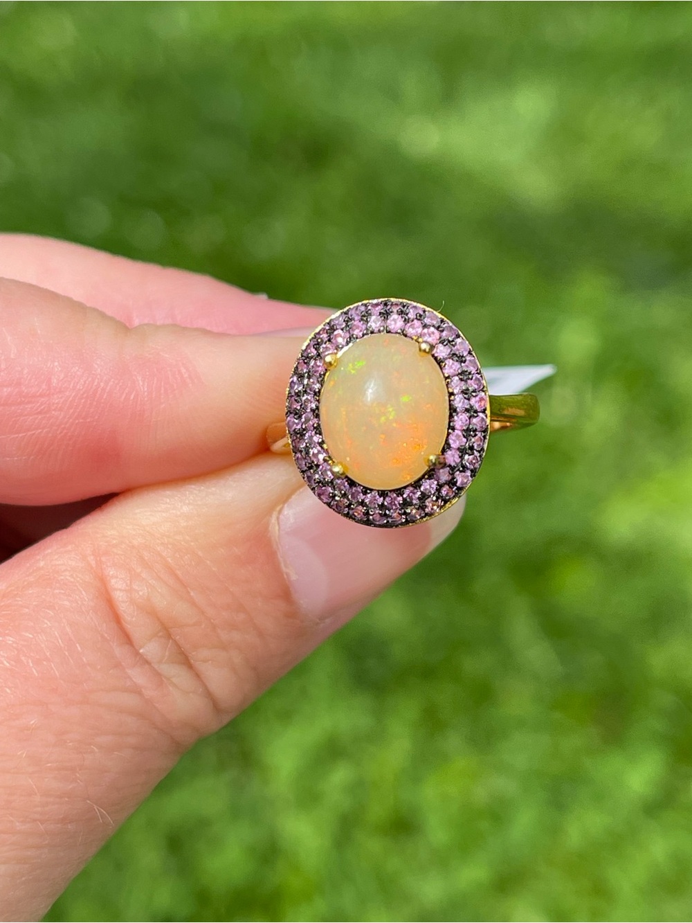 Ethiopian Welo Opal and Pink Sapphire Double Halo Ring